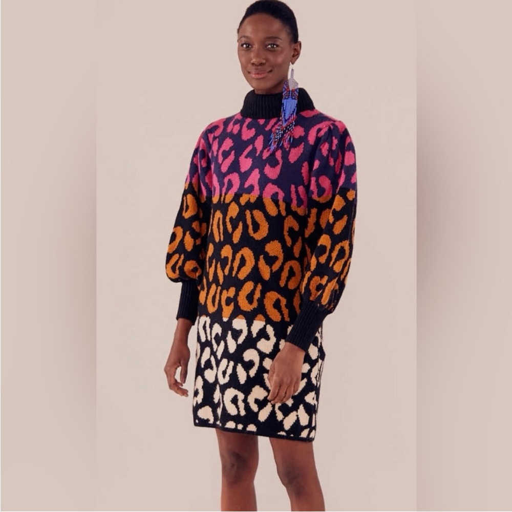 Farm Rio Mixed Leopards Print Sweater Dress Womens Medium Multicolored Wool